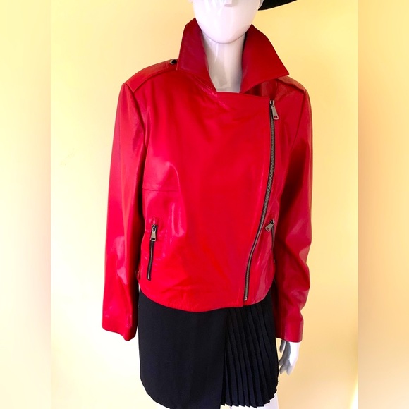 Tergan Red Lamb Leather Moto Biker Style Jacket Zipped Pockets Double Collar XL - Picture 6 of 16
